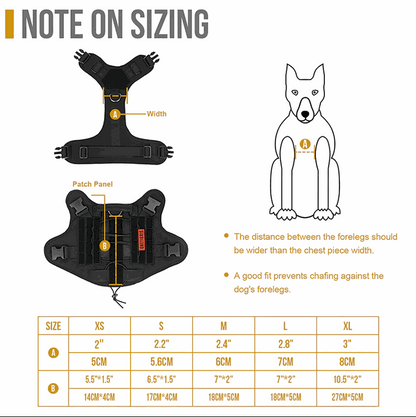 Dog harness sizing chart with diagram for ONETIGRIS FIRE WATCHER 2.0, featuring foreleg width recommendations and patch panel details.