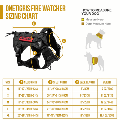 ONETIGRIS FIRE WATCHER Dog Harness 2.0 with Sizing Chart and Measurement Guide