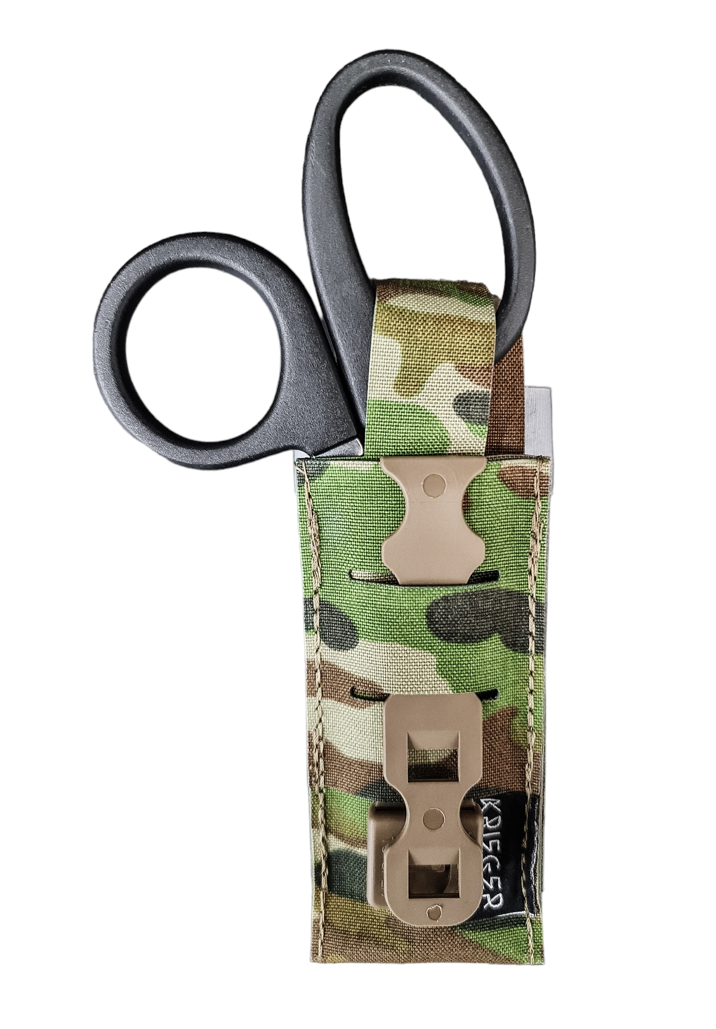 Tourniquet pouch with attached trauma shears secured by hook and loop strap, featuring camo design and MALICE clip for MOLLE attachment.