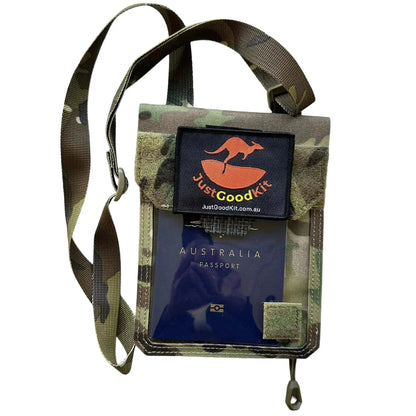 Multicam ID and Document Holder with clear window and neck strap for travel and military use.