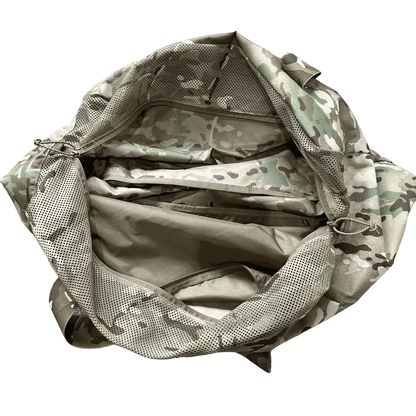 Tactical duffle bag with ventilated top and spacious interior.