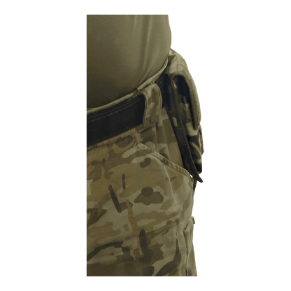 Pen pouch with MOLLE compatibility attached to camouflage pants, ideal for tactical use and secure storage.