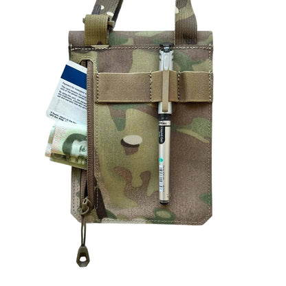 Multicam ID and Document Holder with secure zip and clear window for travel and military use.