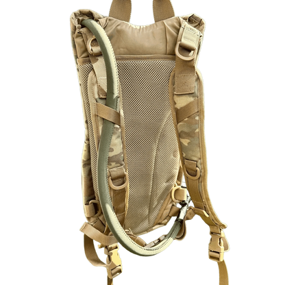 Hydration Backpack with durable multicam nylon, mesh back, and adjustable straps.