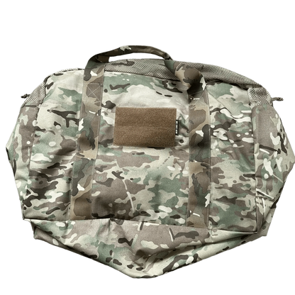 Tactical duffle bag with camouflage pattern, Velcro patch, and ventilated top.