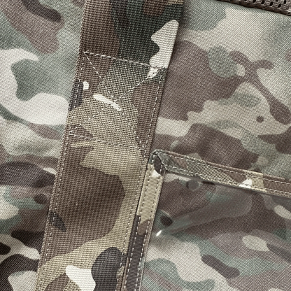Tactical Duffle Bag in camo pattern with durable nylon fabric and sturdy stitching.