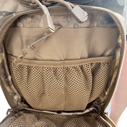 Hydration backpack with organized mesh and fabric compartments for accessories storage.