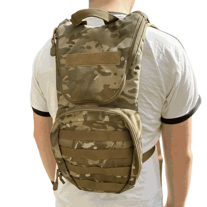 Multicam hydration backpack worn on person, durable nylon material, ideal for adventures.