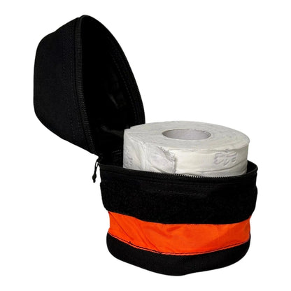 Toilet roll storage holder made of water-resistant nylon with wristband and reflective tape.
