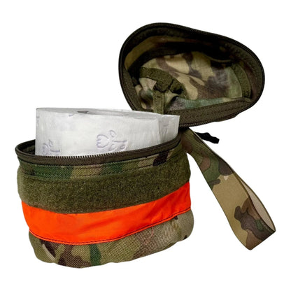 Durable toilet roll storage holder with wristband and reflective tape, ideal for outdoor use.