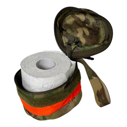 Water-resistant nylon toilet roll storage with wristband and reflective tape.