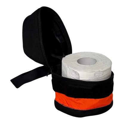 Portable toilet roll storage holder with reflective tape and wristband, ideal for outdoor use.
