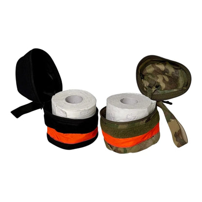 Portable toilet roll storage holder with wristband and reflective tape for outdoor use, made from water-resistant nylon.