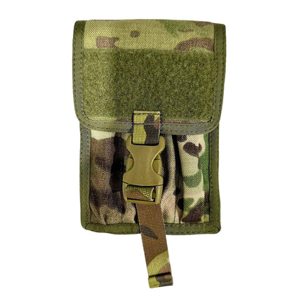 MOLLE compatible pen pouch with camouflage design for tactical and outdoor use.