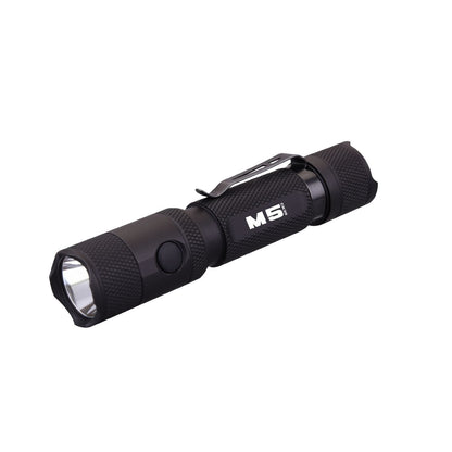 Powertac M5 Gen3 2030 lumen EDC flashlight with pocket clip and aluminum construction for outdoor use.