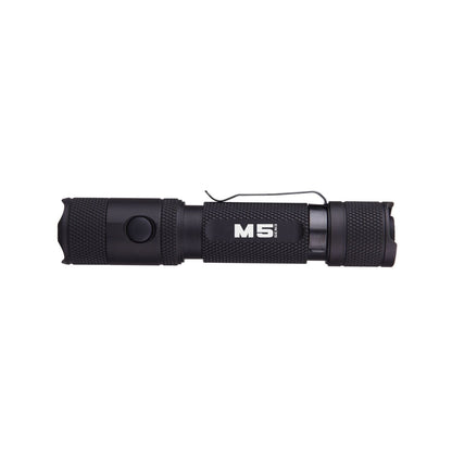 Powertac M5 Gen3 2030 Lumen EDC high power flashlight with tactical tail switch and pocket clip.