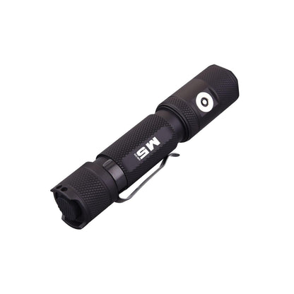 Powertac M5 Gen3 2030 Lumen EDC high power flashlight with tactical tail switch and pocket clip.