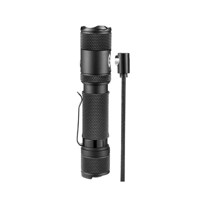 Powertac M5 Gen3 2030 lumen high power EDC flashlight with tactical tail switch and pocket clip.