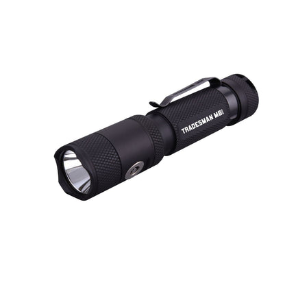 Powertac Tradesman M6-Gen3 flashlight, compact EDC light with magnetic tail cap, 2030 lumens output, black design.