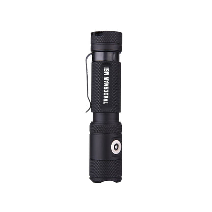 Powertac Tradesman M6-Gen3 flashlight with magnetic tail cap and pocket clip, designed for everyday carry.