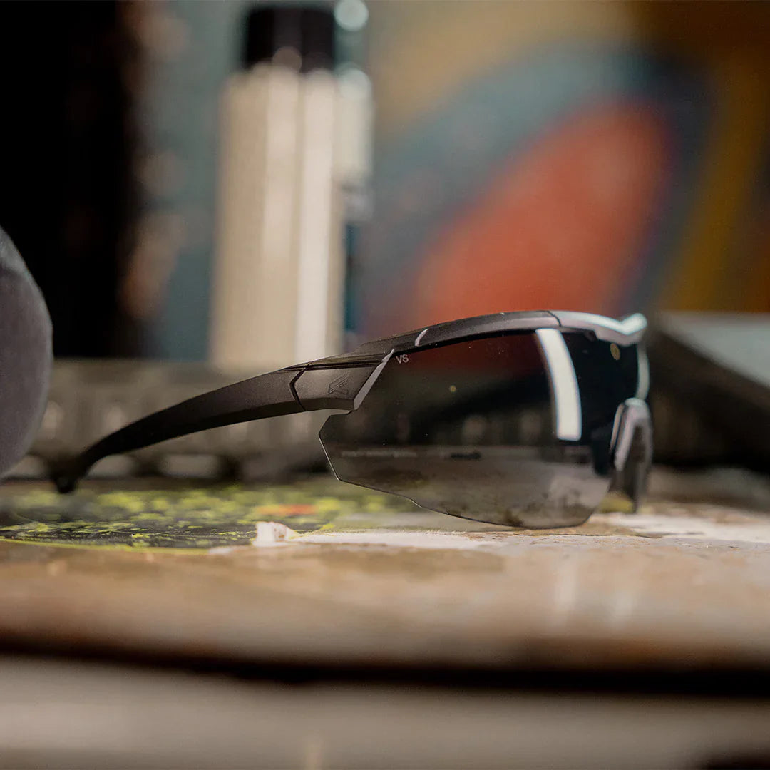 Edge Eyewear Rolling Thunder sunglasses with Vapor Shield anti-fog lenses, featuring thin telescoping temples for customizable fit.