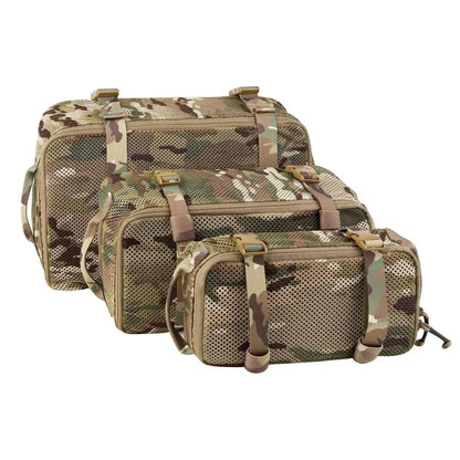 Durable nylon mesh backpack organizer set with different sized pouches and secure straps.