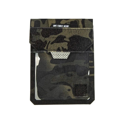 Multicam ID and Document Holder with secure zip, clear window, ideal for travel and military use.