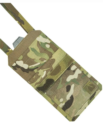 Multicam ID and document holder with neck strap, secure zip, and clear window for travel and military use.