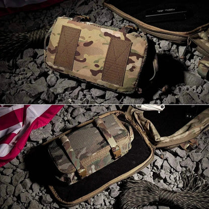 Backpack organiser shown in rugged camo design with durable nylon mesh and YKK zippers, ideal for travel and adventure.