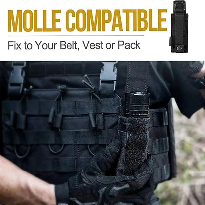 MOLLE compatible flashlight pouch, durable 1000D Cordura nylon, securely attached to tactical vest.
