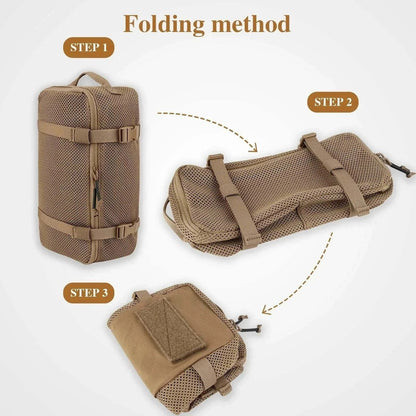 Folding method of backpack organiser with durable nylon mesh and adjustable straps.