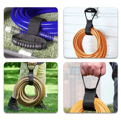Electrical extension cord carry handle with comfortable rubber grip and Velcro strap for organizing cords and hoses.