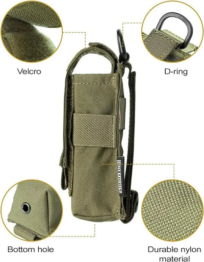 Durable flashlight pouch with D-ring, velcro strap, and bottom drainage hole, made from 1000D Cordura nylon.