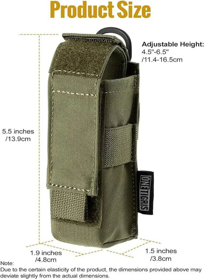 Flashlight holster pouch made from durable 1000D Cordura nylon with MOLLE system attachment, fits various sizes, shown with adjustable height and dimensions.
