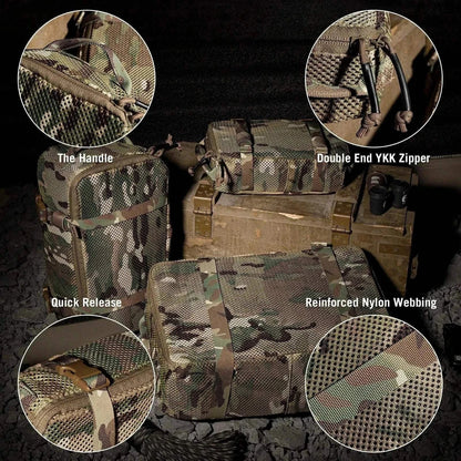 Backpack organiser with camouflage design, highlighting durable nylon webbing, YKK zippers, and grab handles.