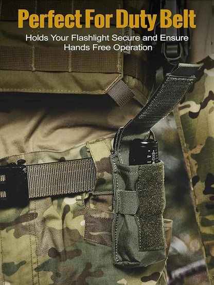 Heavy-duty flashlight holster pouch attached to a duty belt, showcasing secure and hands-free operation.