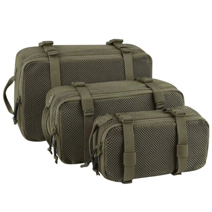 Durable backpack organiser set with three green pouches, nylon mesh, and YKK zippers.