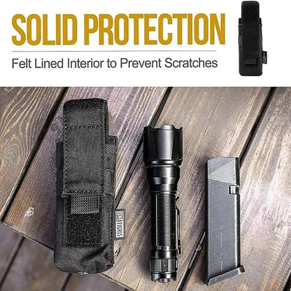 Flashlight pouch with felt-lined interior for scratch protection on wooden surface.