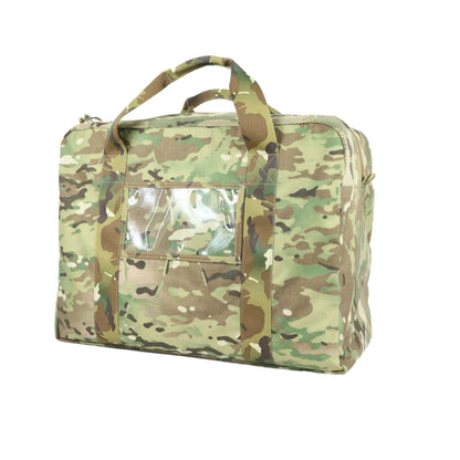 Tactical duffle bag in camouflage, featuring a ventilated top, Velcro patches, and a name window.