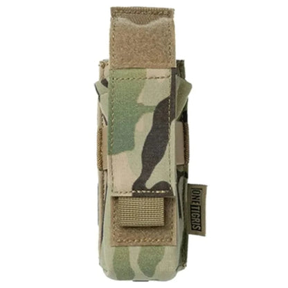 Camouflage flashlight pouch made from durable 1000D Cordura nylon with MOLLE compatibility.