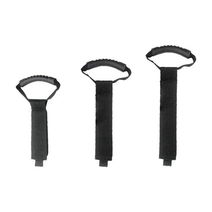 Electrical extension cord carry handle with rubber grip in three sizes.