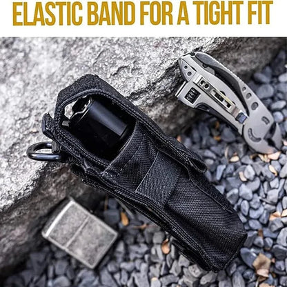 Flashlight holster pouch made from 1000D Cordura nylon with MOLLE system, shown securing a flashlight.