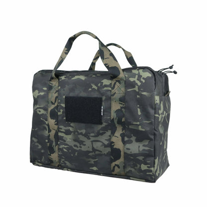 Tactical duffle bag in camouflage design with ventilated top and Velcro patch area.