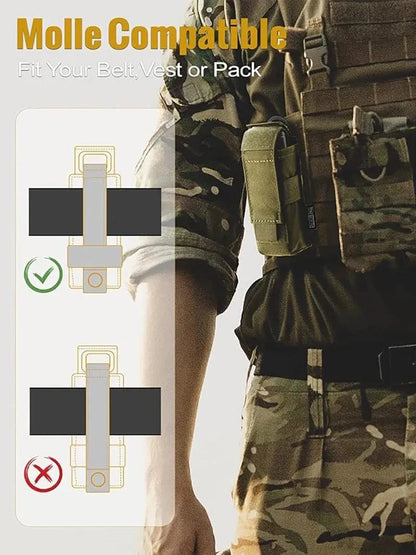 MOLLE compatible flashlight pouch on military vest.