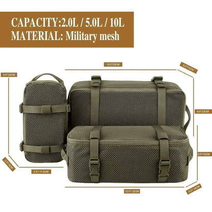 Backpack organiser made with military mesh featuring multiple pouches for efficient travel gear management.