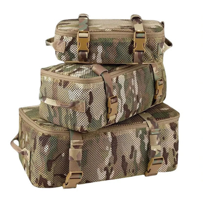 Backpack organiser set with camo design, durable mesh, and YKK zippers for travel.