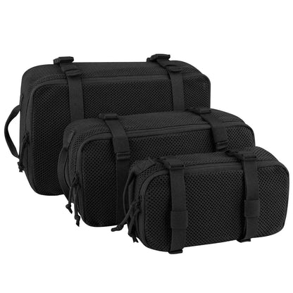 Durable black backpack organizer set with three nylon mesh pouches featuring YKK zippers.