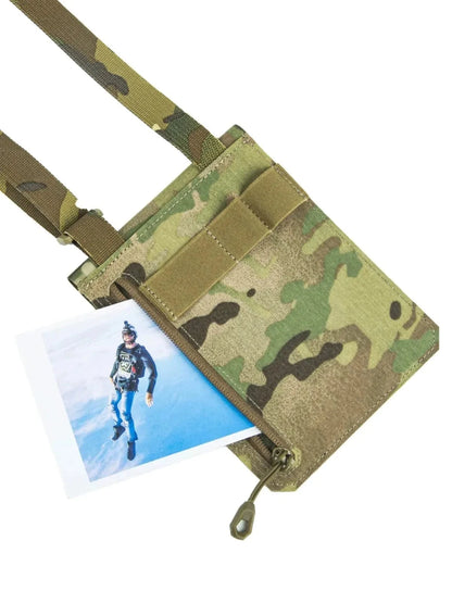 Multicam ID and Document Holder with neck strap, secure zip, and clear document window for travel and military use.