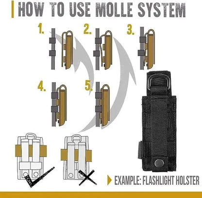MOLLE system guide with flashlight holster pouch for secure attachment.