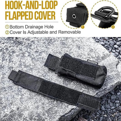 Hook-and-loop adjustable flashlight pouch with drainage hole on rocky surface.